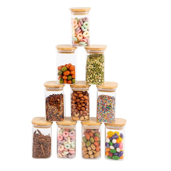 Kit Potes Herméticos Quadrado Tampa Bambu 10 Pçs 250ml Oikos