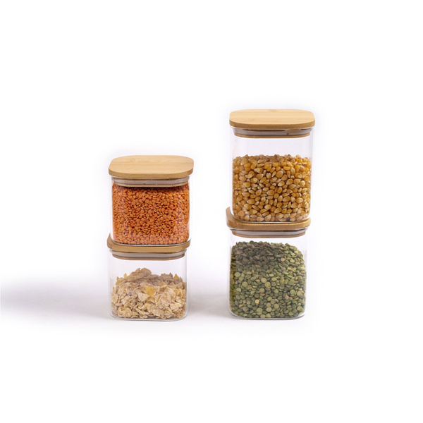 Kit Potes Hermeticos Vidro Quad Flat Bambu 800/600ml - 4 Pçs