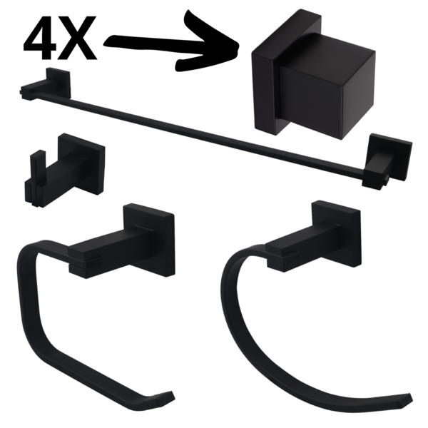 Kit Pra Banheiro Moderno Quadrado Preto Fosco 8pç Acabamento