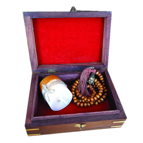 Kit Presente Zen Vela Vegana + Japamala + Caixa Madeira