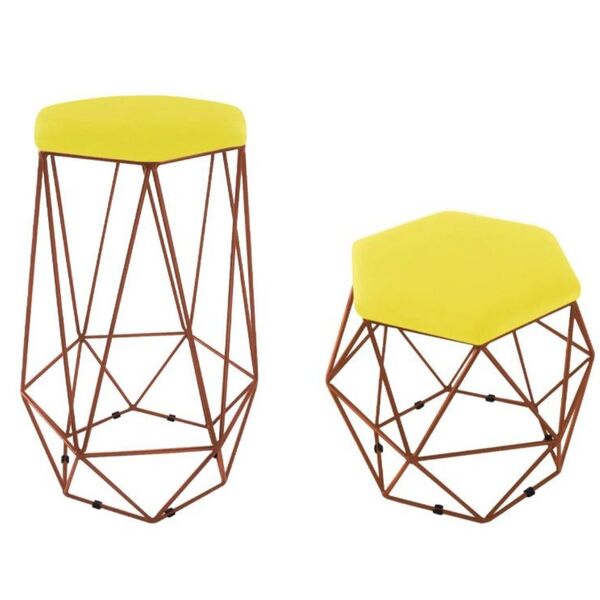 Kit Puff E Banqueta Aramado Base Bronze Suede Amarelo