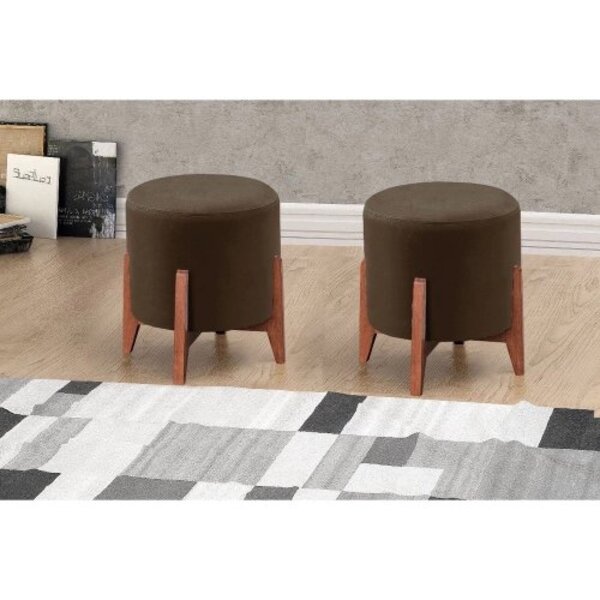 Kit Puff Mona Luxo Madeira Maciça Tecido Veludo Premium Marrom