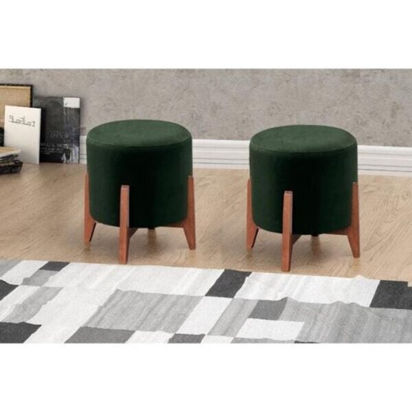 Kit Puff Mona Luxo Madeira Maciça Tecido Veludo Premium Verde