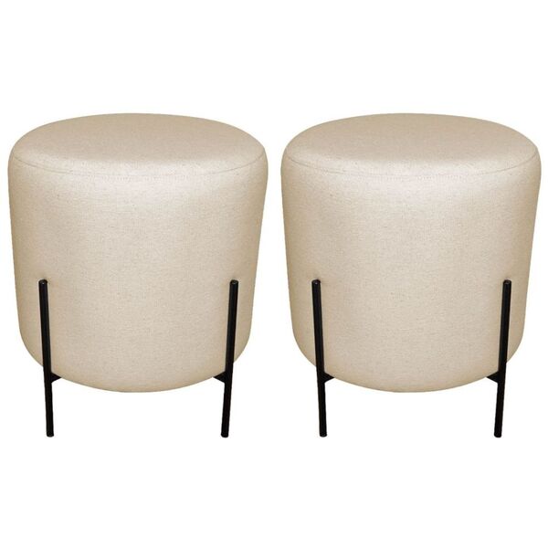 Kit Puff Redondo Decorativo Capri Base Preto Linho Bege