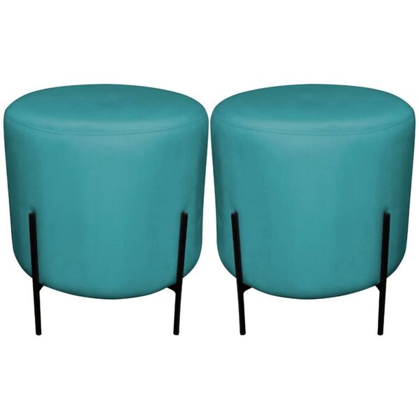 Kit Puff Redondo Decorativo Capri Base Preto Suede Azul