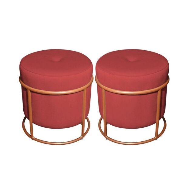 Kit Puff Redondo Decorativo Royale Base Bronze Suede Vermelho