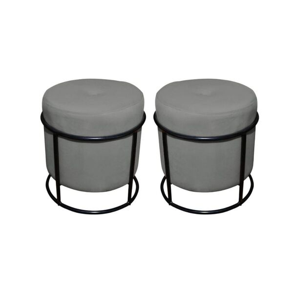 Kit Puff Redondo Decorativo Royale Base Preto Suede Cinza