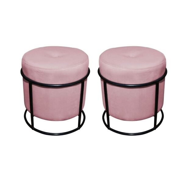Kit Puff Redondo Decorativo Royale Base Preto Suede Rosa