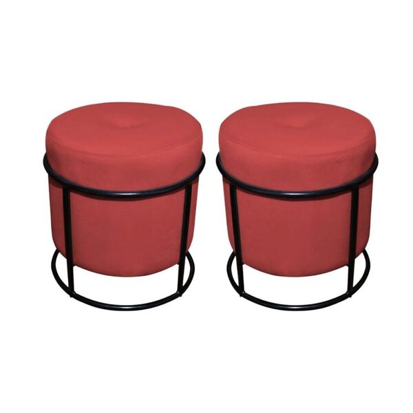 Kit Puff Redondo Decorativo Royale Base Preto Suede Vermelho