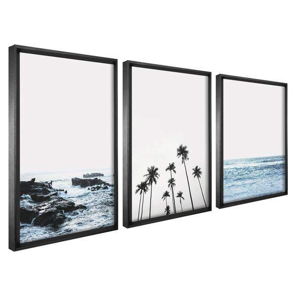Kit Quadro Decorativo 3 Telas 60x40 Model. Mar E Palmeiras Pr