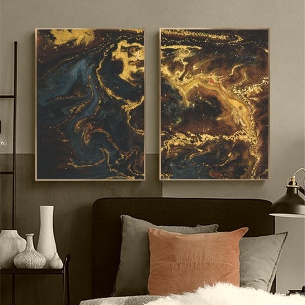 Kit Quadro Decorativo Abstrato Agate Com Moldura Dourada - 80