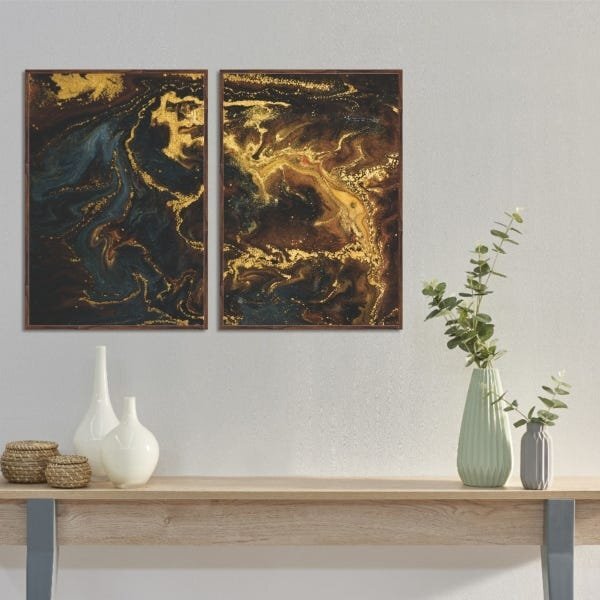 Kit Quadro Decorativo Abstrato Agate Com Moldura Marrom - 100