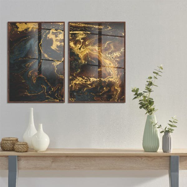 Kit Quadro Decorativo Abstrato Agate Com Moldura Marrom E Vid