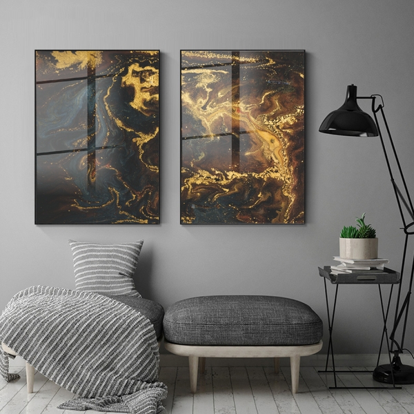 Kit Quadro Decorativo Abstrato Agate Com Moldura Preta E Vidr