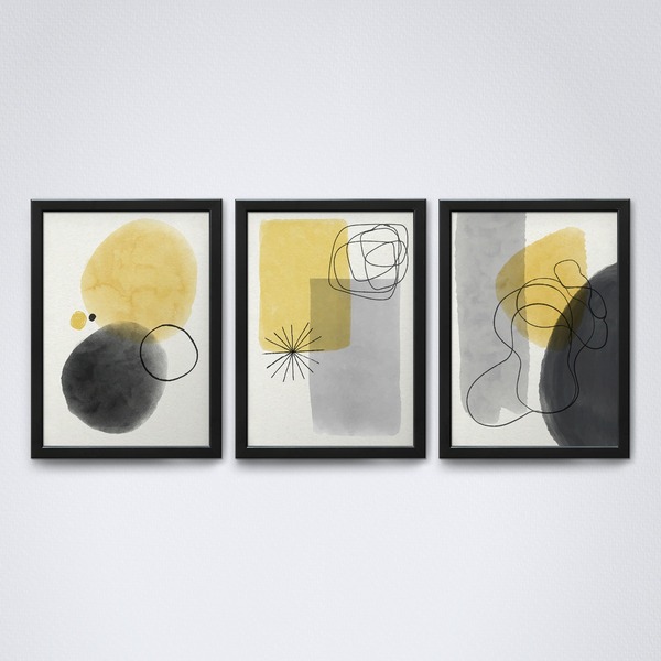 Kit Quadro Decorativo Abstrato Amarelo E Neutro Grande 40x60