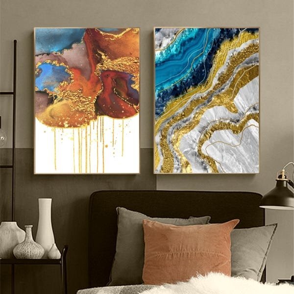 Kit Quadro Decorativo Abstrato Texturas Com Moldura Dourada -