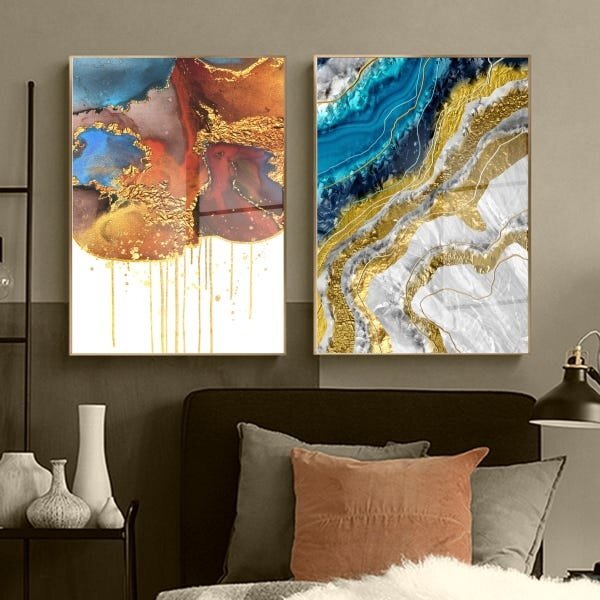 Kit Quadro Decorativo Abstrato Texturas Com Moldura Dourada E