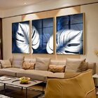 Kit Quadro Decorativo Floral Blue Monstera Com Moldura Dourad