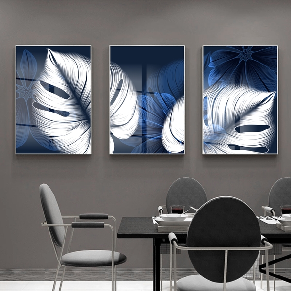 Kit Quadro Decorativo Floral Blue Monstera Com Moldura Prata