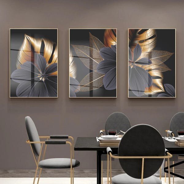 Kit Quadro Decorativo Folhas De Ouro Com Moldura Dourada E Vi