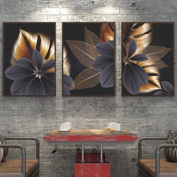 Kit Quadro Decorativo Folhas De Ouro Com Moldura Marrom - 210