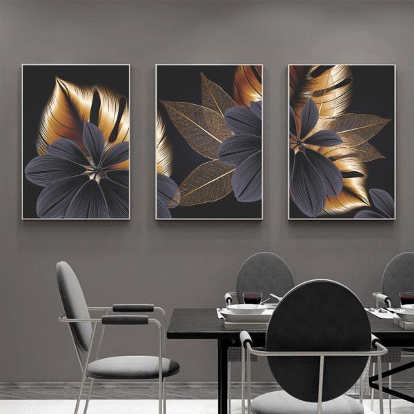 Kit Quadro Decorativo Folhas De Ouro Com Moldura Prata - 150x