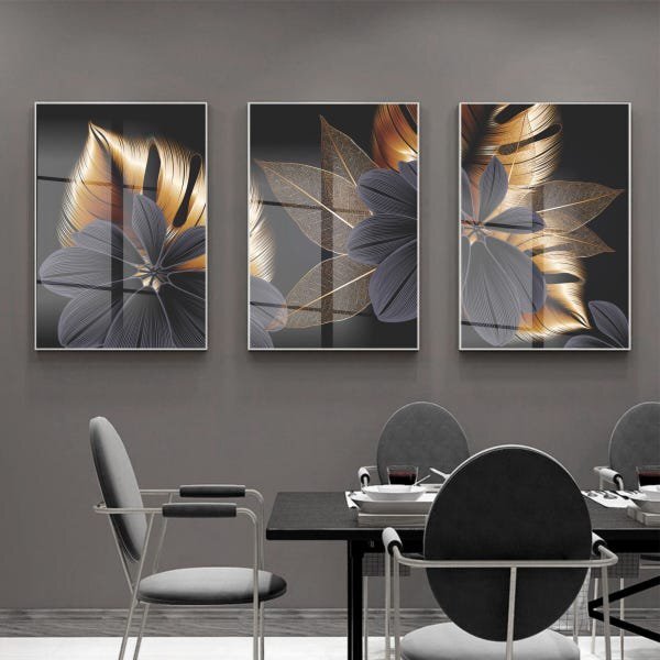 Kit Quadro Decorativo Folhas De Ouro Com Moldura Prata E Vidr