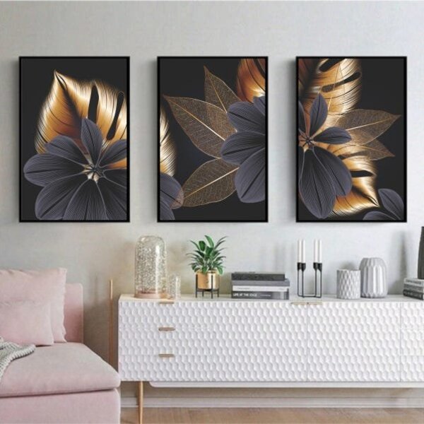 Kit Quadro Decorativo Folhas De Ouro Com Moldura Preta - 150x