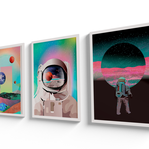 Kit Quadro Sala Escritório Moldura Vidro Grande Astronauta