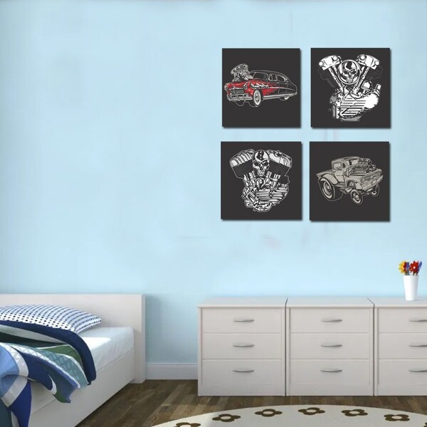 Kit Quadros Decorativos Carros 4 Peças 30x30