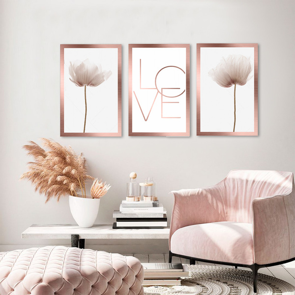 Kit Quadros Decorativos Flores E Love Rose Gold