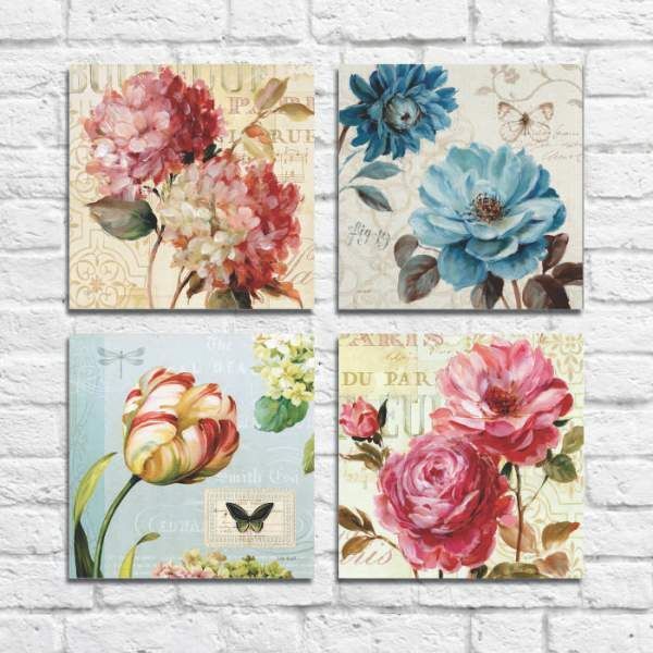Kit Quadros Decorativos Flores Vintage 4 Peças M10
