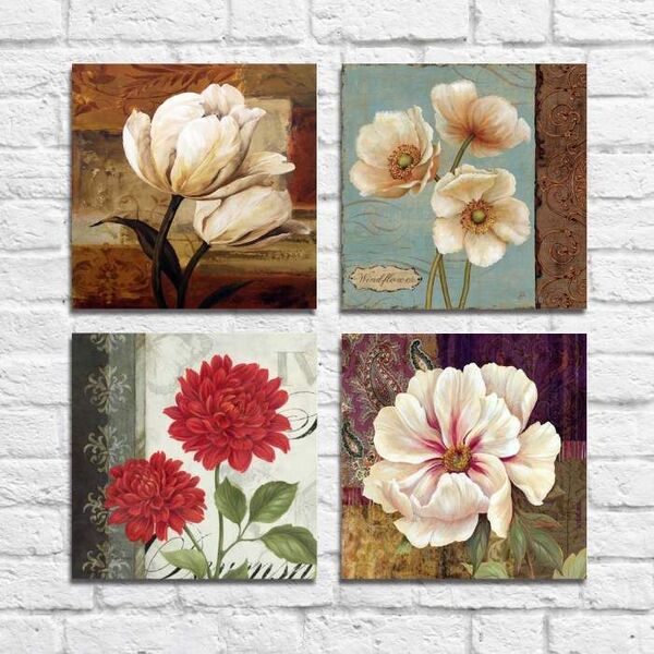 Kit Quadros Decorativos Flores Vintage 4 Peças M9