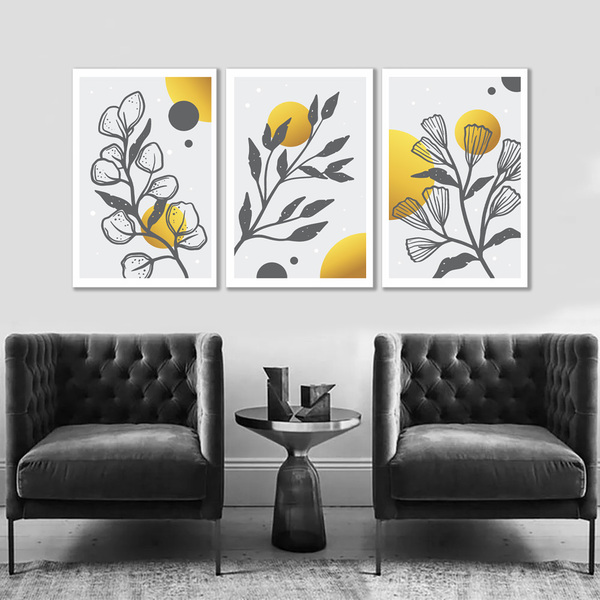 Kit Quadros Decorativos Folhas Minimalistas Dourado