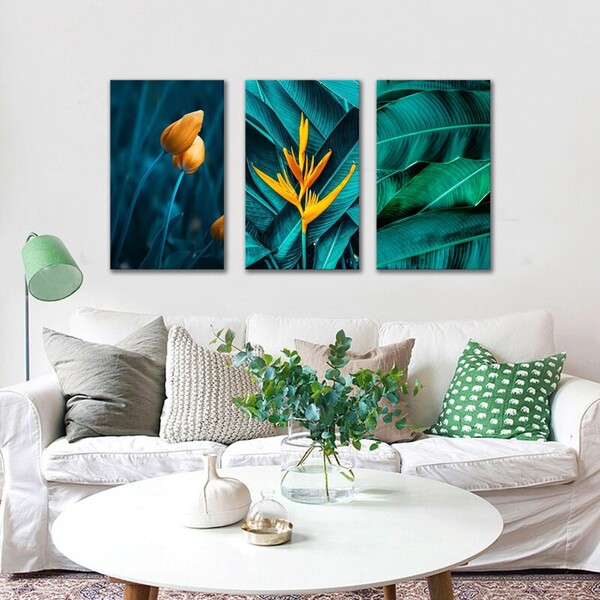 Kit Quadros Decorativos Folhas Verdes Com Flores