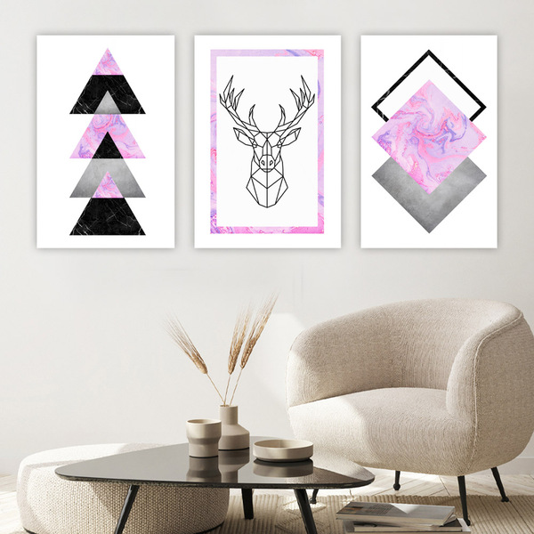 Kit Quadros Decorativos Geometrico Rosa Alce