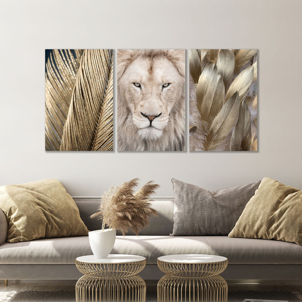 Kit Quadros Decorativos Leão Com Detalhes Dourado