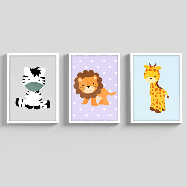 Kit Quadros Decorativos Moldura E Vidro Animais Safari Conjun