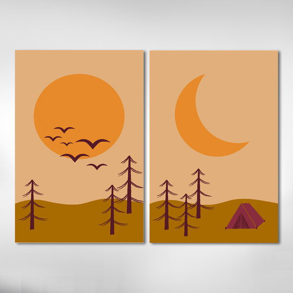 Kit Quadros Decorativos Paisagem Acampamento Minimalista Sol