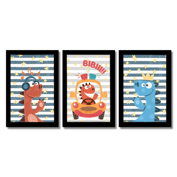 Kit Quadros Infantil Dinossauro Kids 20x30 3 Peças - Moldura