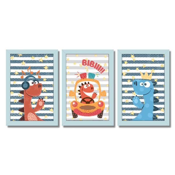 Kit Quadros Infantil Dinossauro Kids 20x30 3 Peças - Moldura