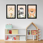 Kit Quadros Infantil Safari Aquarela 20x30 3 Peças - Moldura