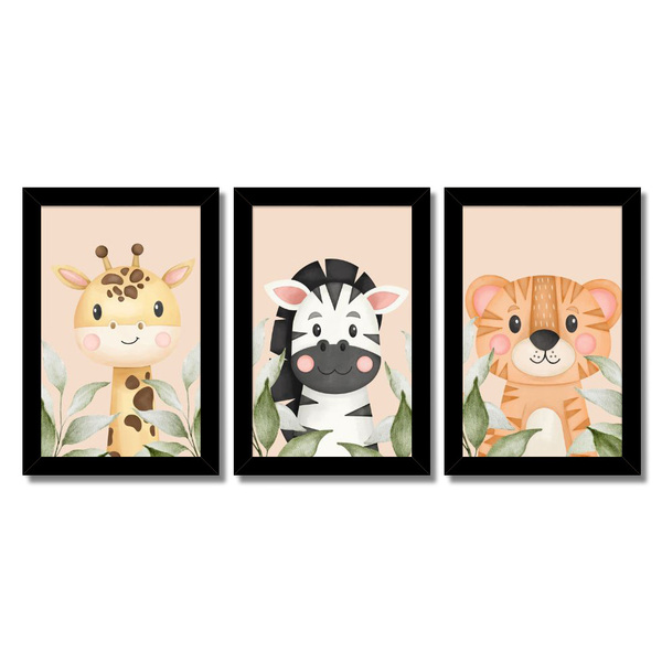 Kit Quadros Infantil Safari Aquarela 20x30 3 Peças - Moldura