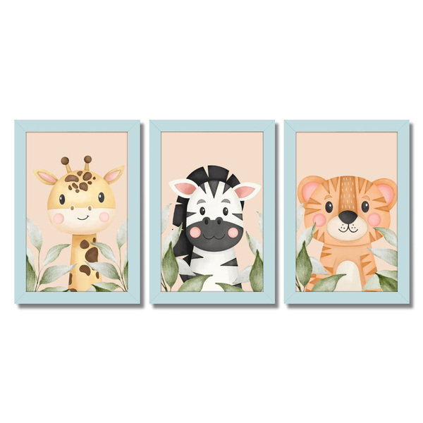 Kit Quadros Infantil Safari Aquarela 20x30 Com Vidro - Moldur