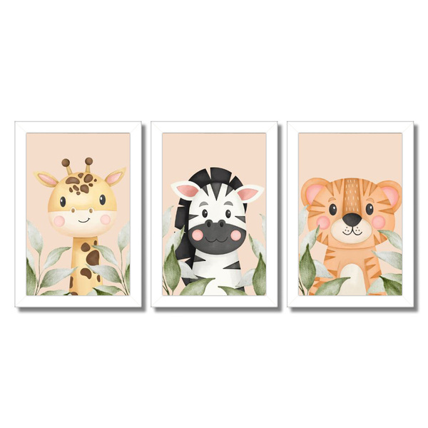 Kit Quadros Infantil Safari Aquarela 20x30 Com Vidro - Moldur