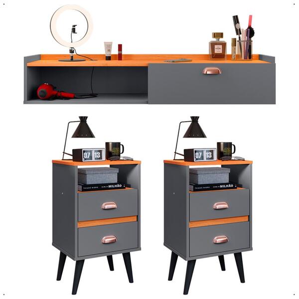 Kit Quarto 2 Mesas Cabeceira Retrô Pés Palito Penteadeira Sus