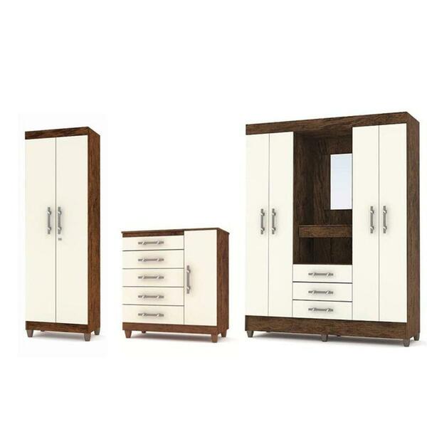 Kit Quarto C/guarda Roupa, Multiuso Cômoda Imbuia Champanhe