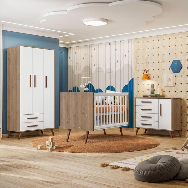 Kit Quarto De Bebe Retro Atlanta Carvalho Rustico Branco