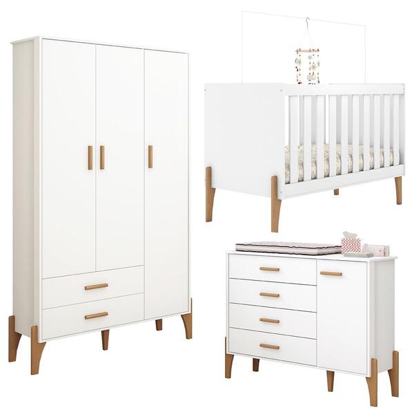 Kit Quarto Iris Berço Cama Com Colchão Comoda E Guarda Roupa