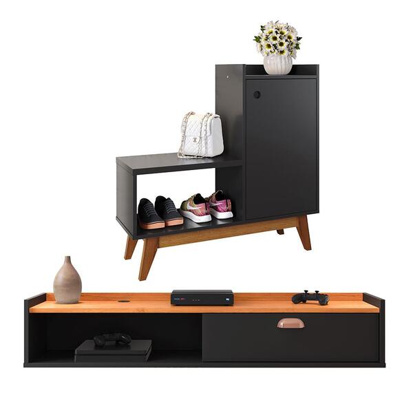Kit Quarto Sapateira Shoes Preto Banquinho Pés Madeira Rack S
